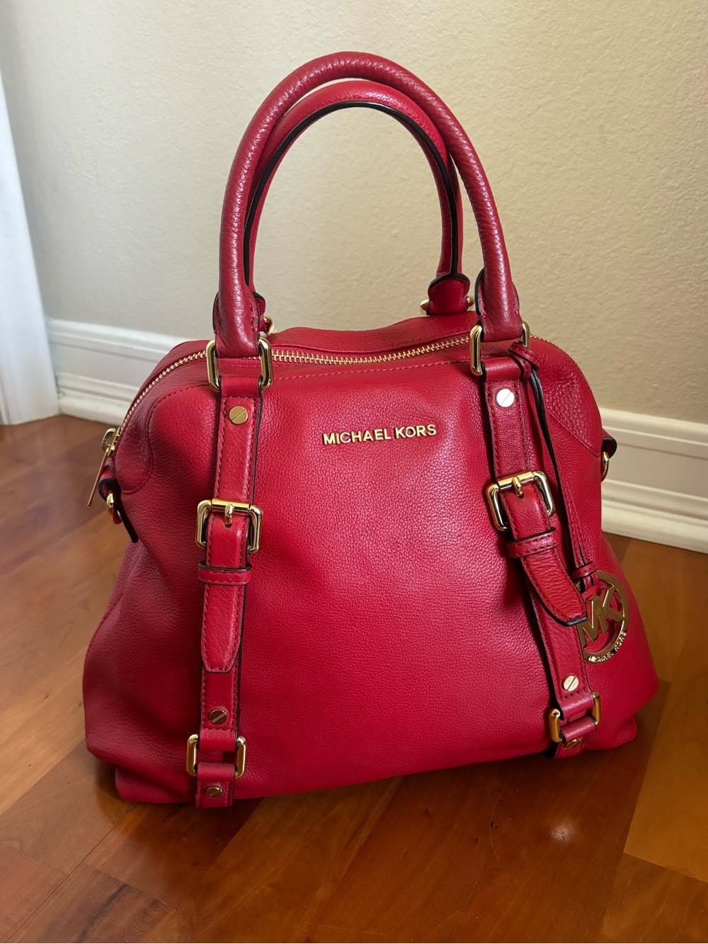 Michael Kors Red Pebbled Leather Satchel with Gold Hardware